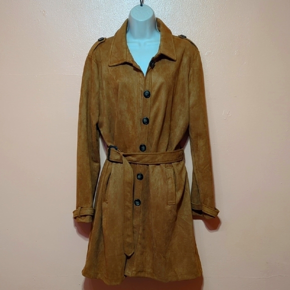 Azel Hazel Hazel Hazel Haze Rusty Brown Faux Suede Belted Jacket Trench Coat XL - Picture 1 of 10